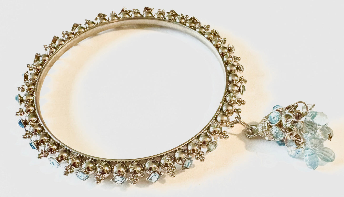 Bracelet - white metal coloured bangle, light blue with charm style 23