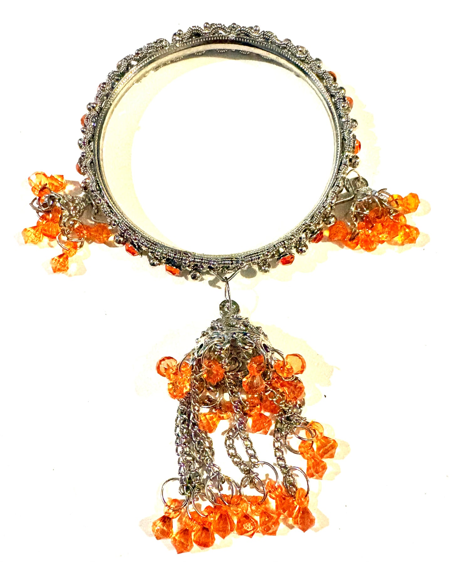 Bracelet - white metal / orange with 3 charms. Style 55