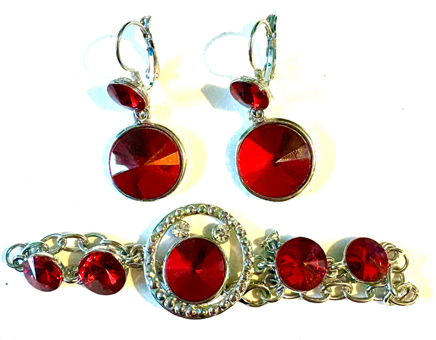 3pc jewellery set - white metal / red evening dress necklace, earrings and bracelet. Style 41