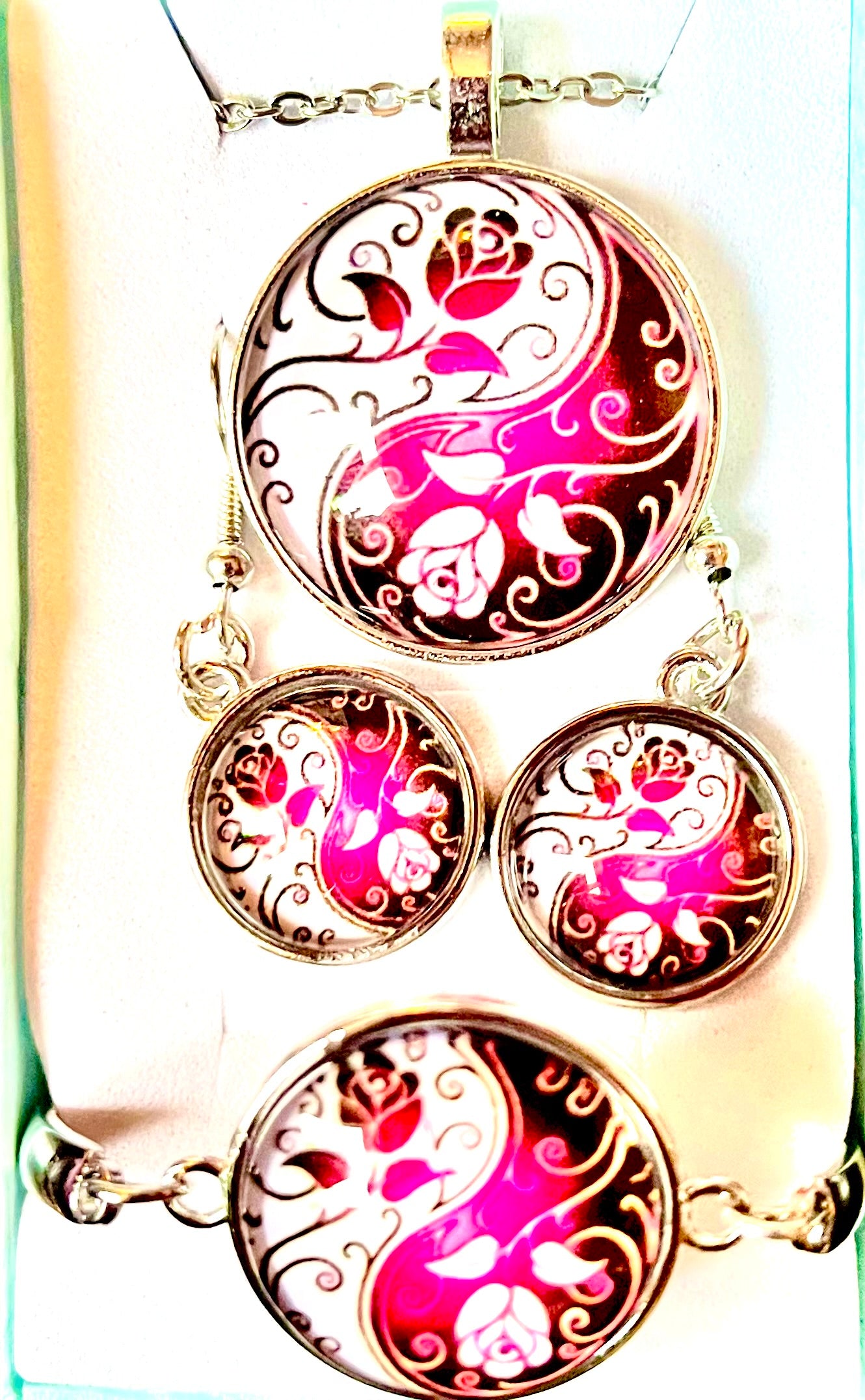 3pc jewellery set - pink / white rose