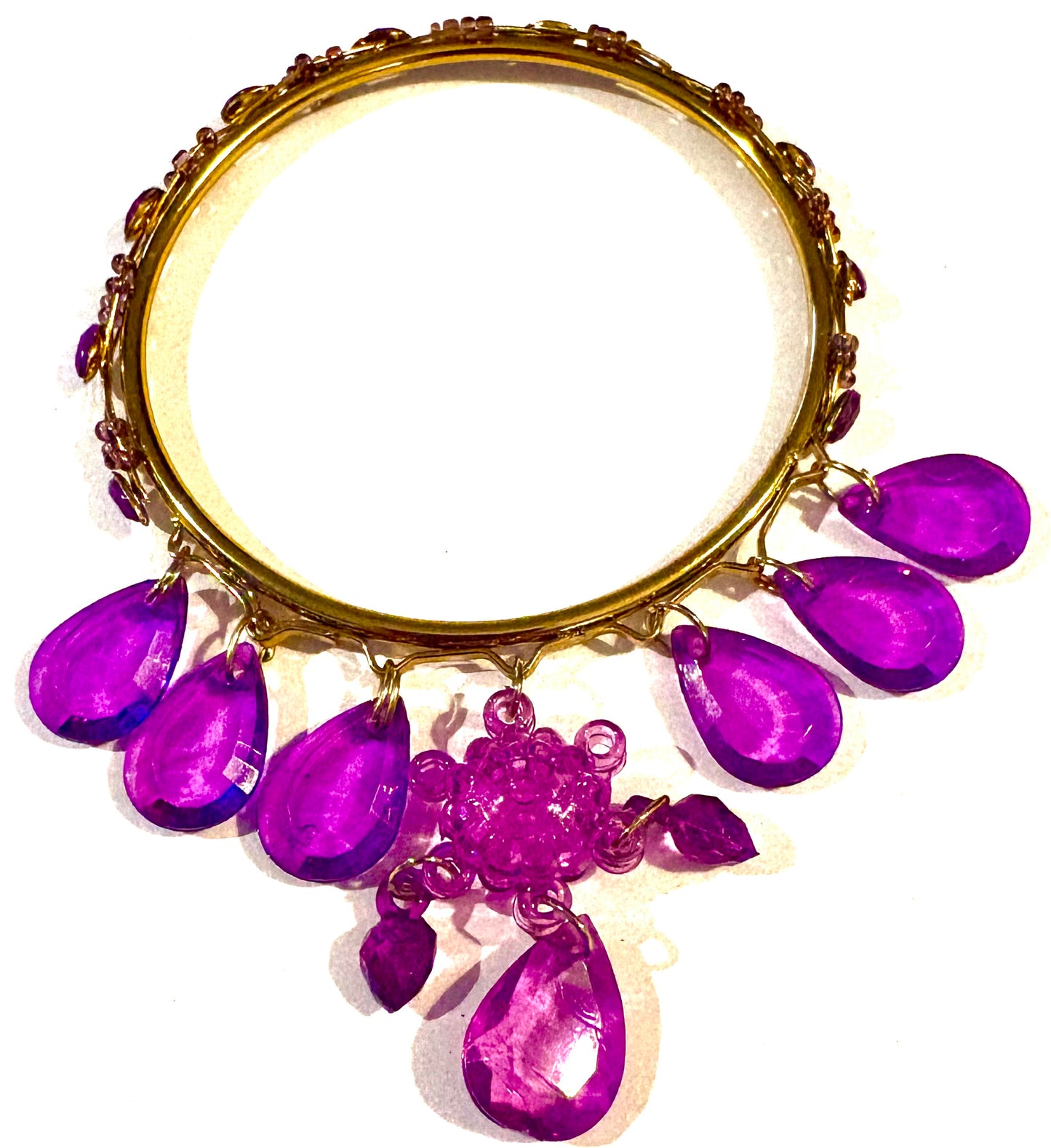 Bracelet - gold coloured bangle, purple charms style 21