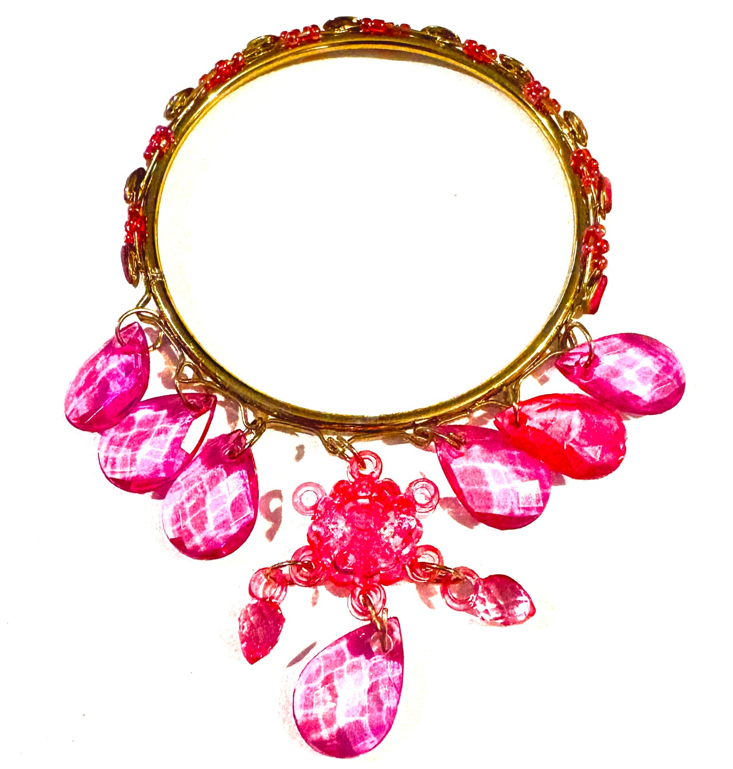 Bracelet - gold coloured bangle, pink charms style 18