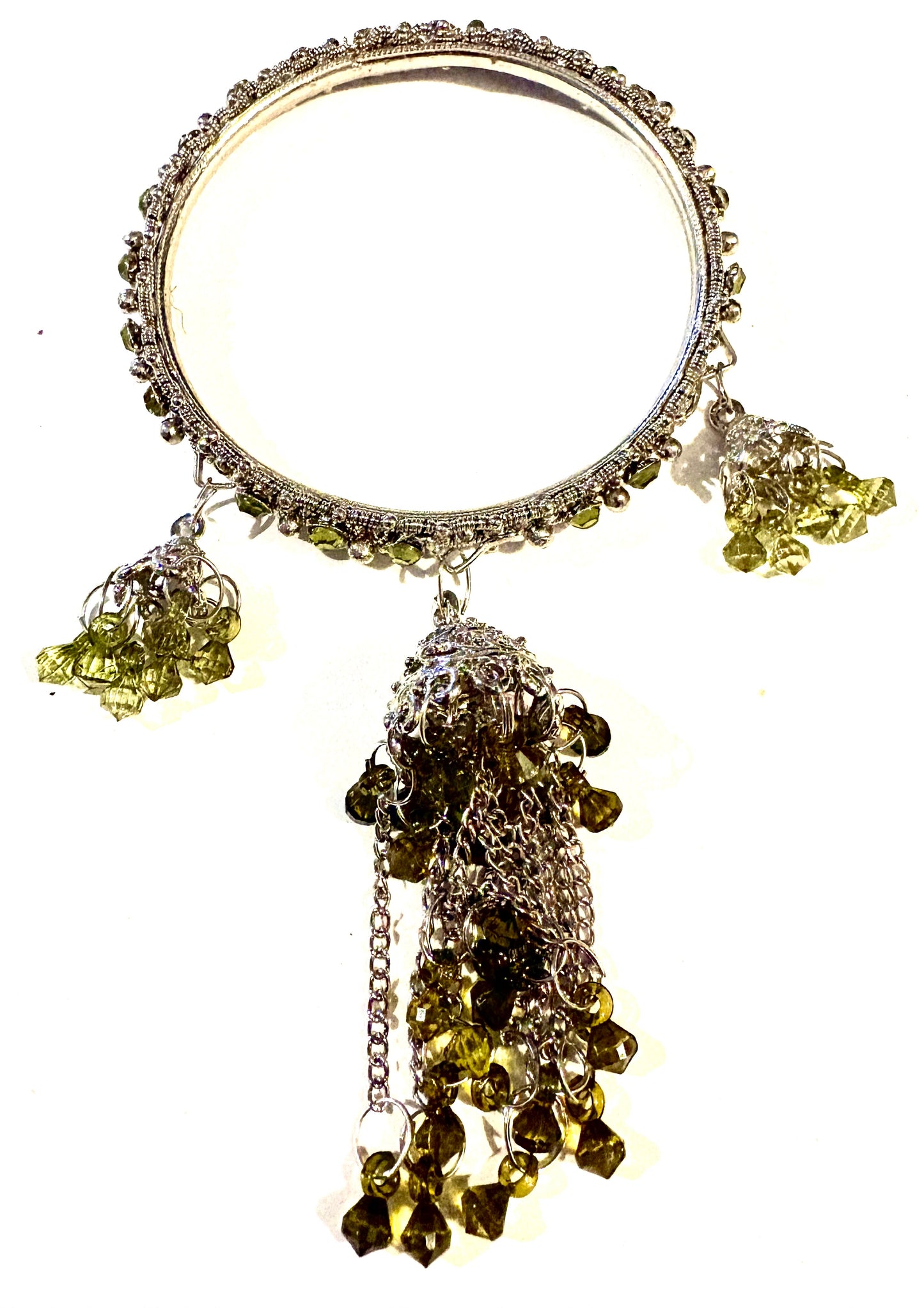 Bracelets - white metal bangle, green, 3 charms style 2