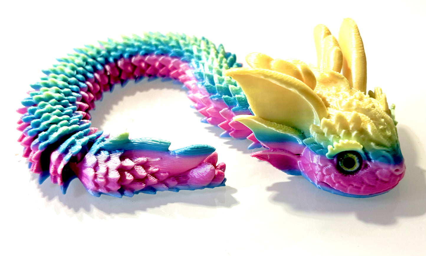 3D printed Dragon style snake - pink/lilac/ green/ yellow