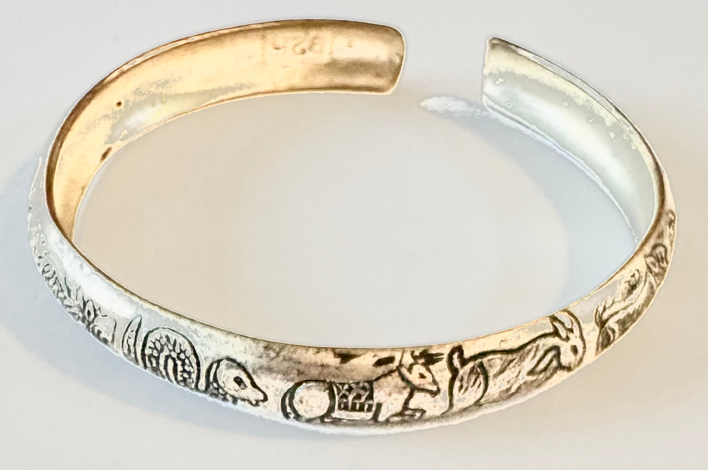 Bracelet - white metal etched open ended Asian style bangle style 28