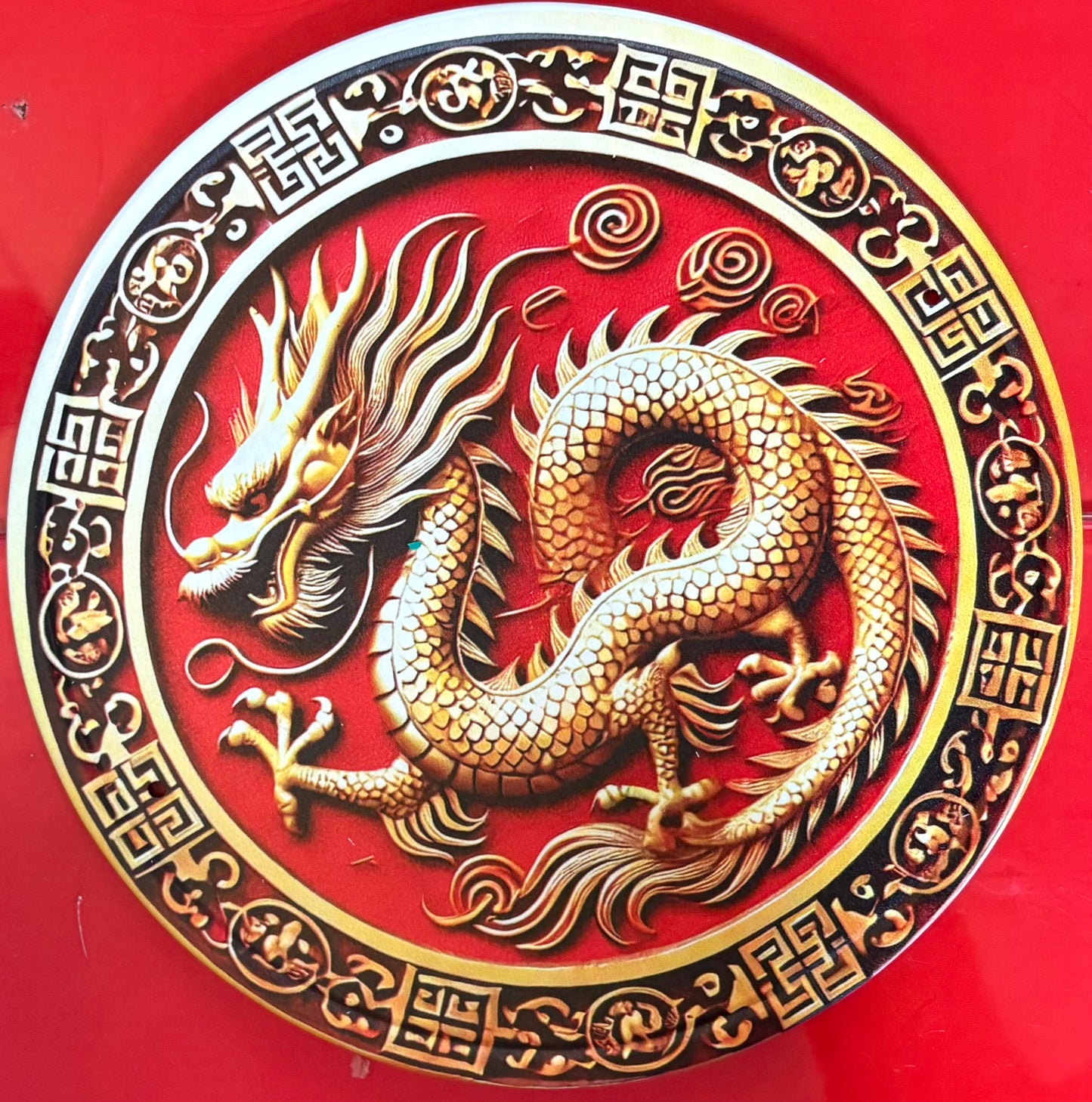 Dragon 8" circular tinplate sign. Red/ gold colour