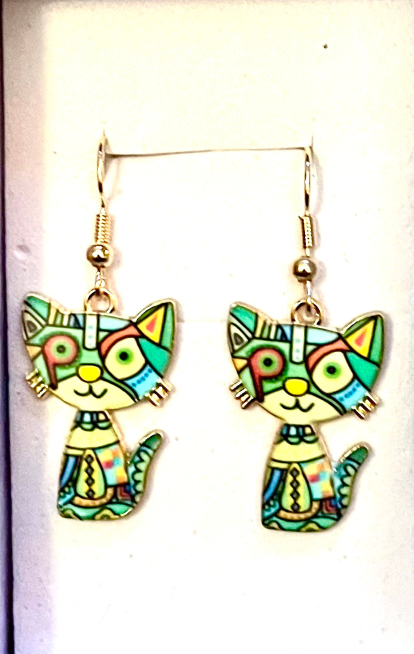 Earrings - cartoon cat green