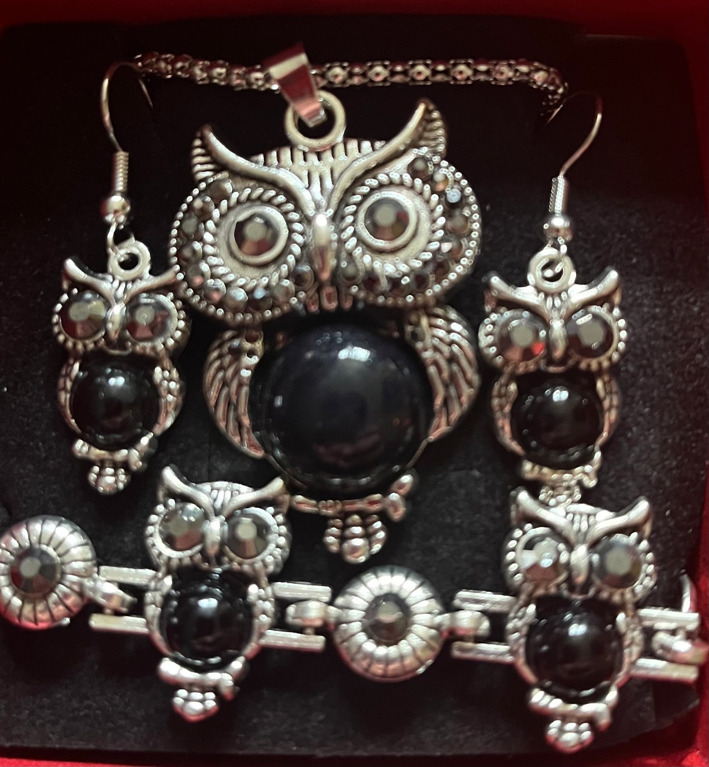 3pc jewellery set - owl black obsidian style