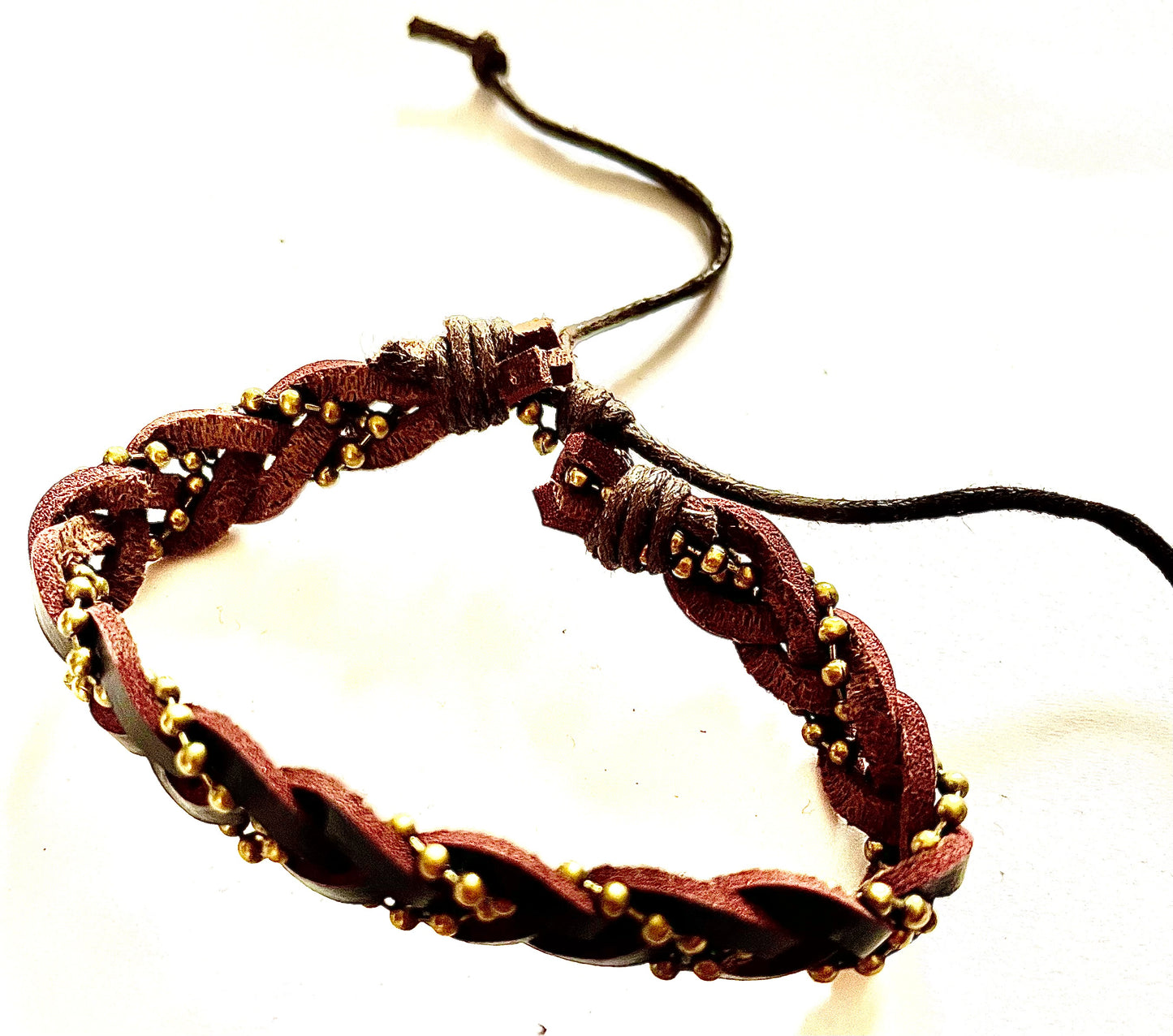 Bracelet - men’s/ women’s brown leather with small gold coloured chain beads