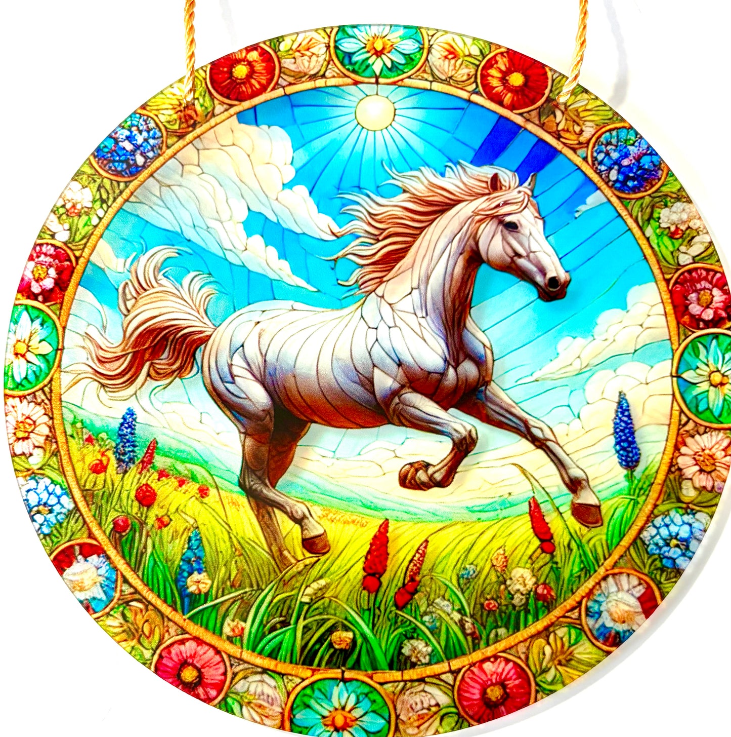 Horse - 8" Suncatcher- white horse running in flower field