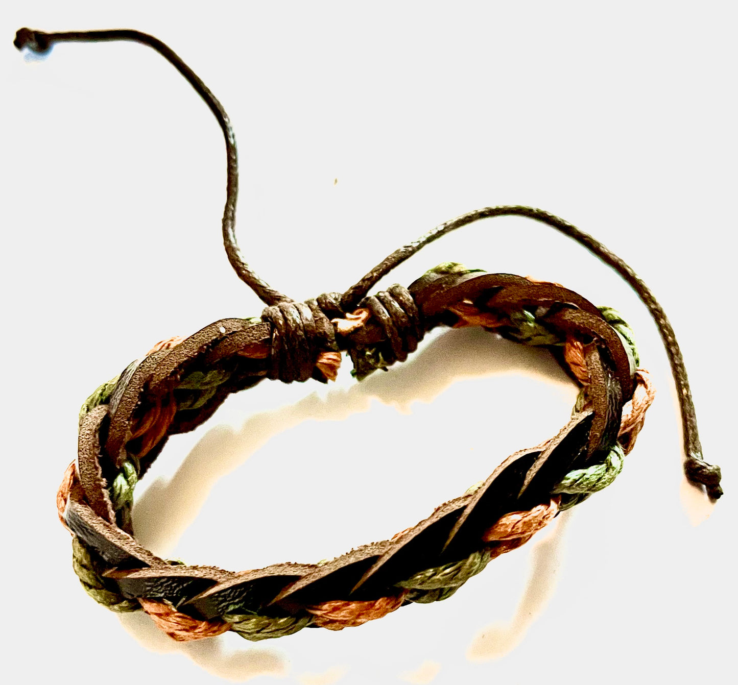 Bracelet - man’s/woman’s tri-colour brown, with green and tan woven string