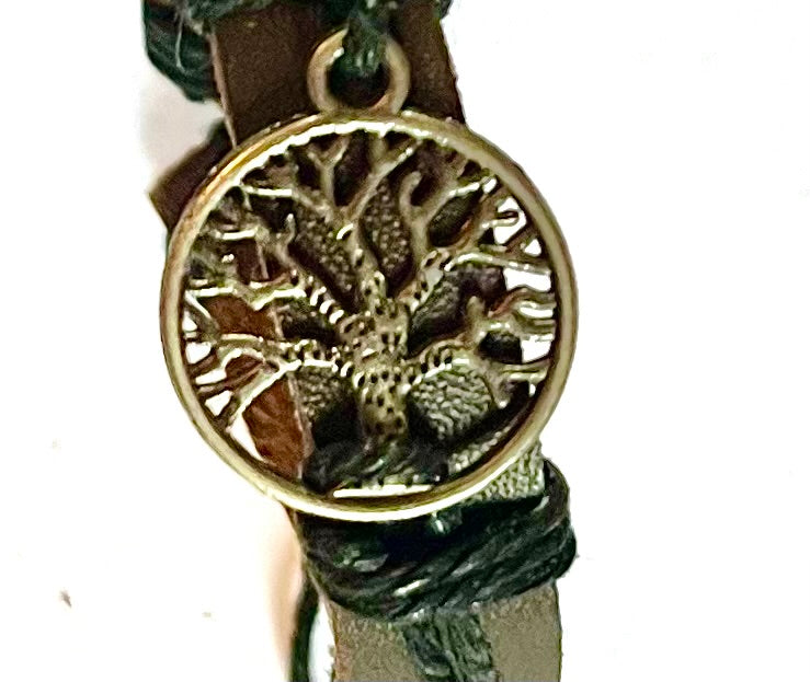 Bracelet - man’s/ woman’s brown leather with black string and vintage metal looking tree of life