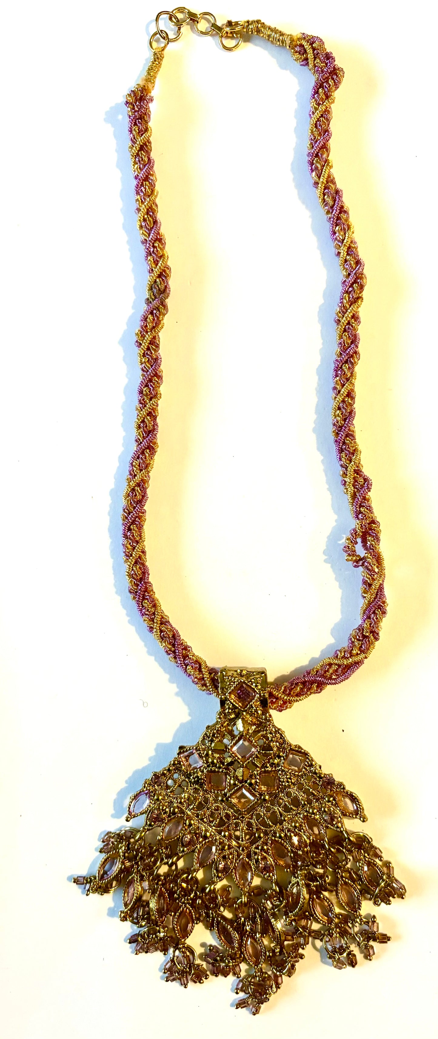 Necklace - ornate twisted cord necklace bronze coloured metal/ lilac. Style 42
