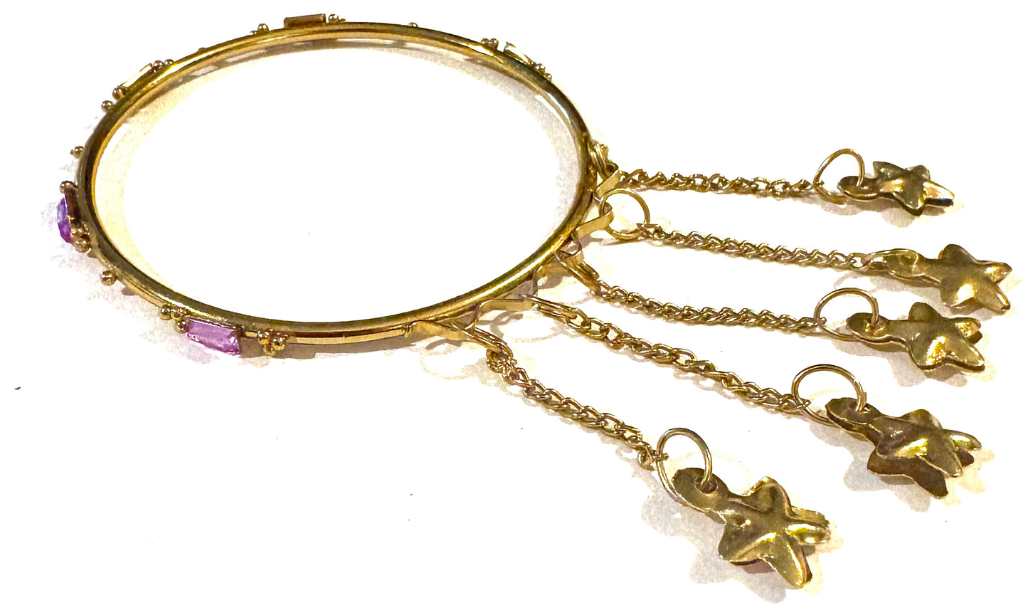 Bracelet - gold coloured bangle, purple with 5 star charms style 17