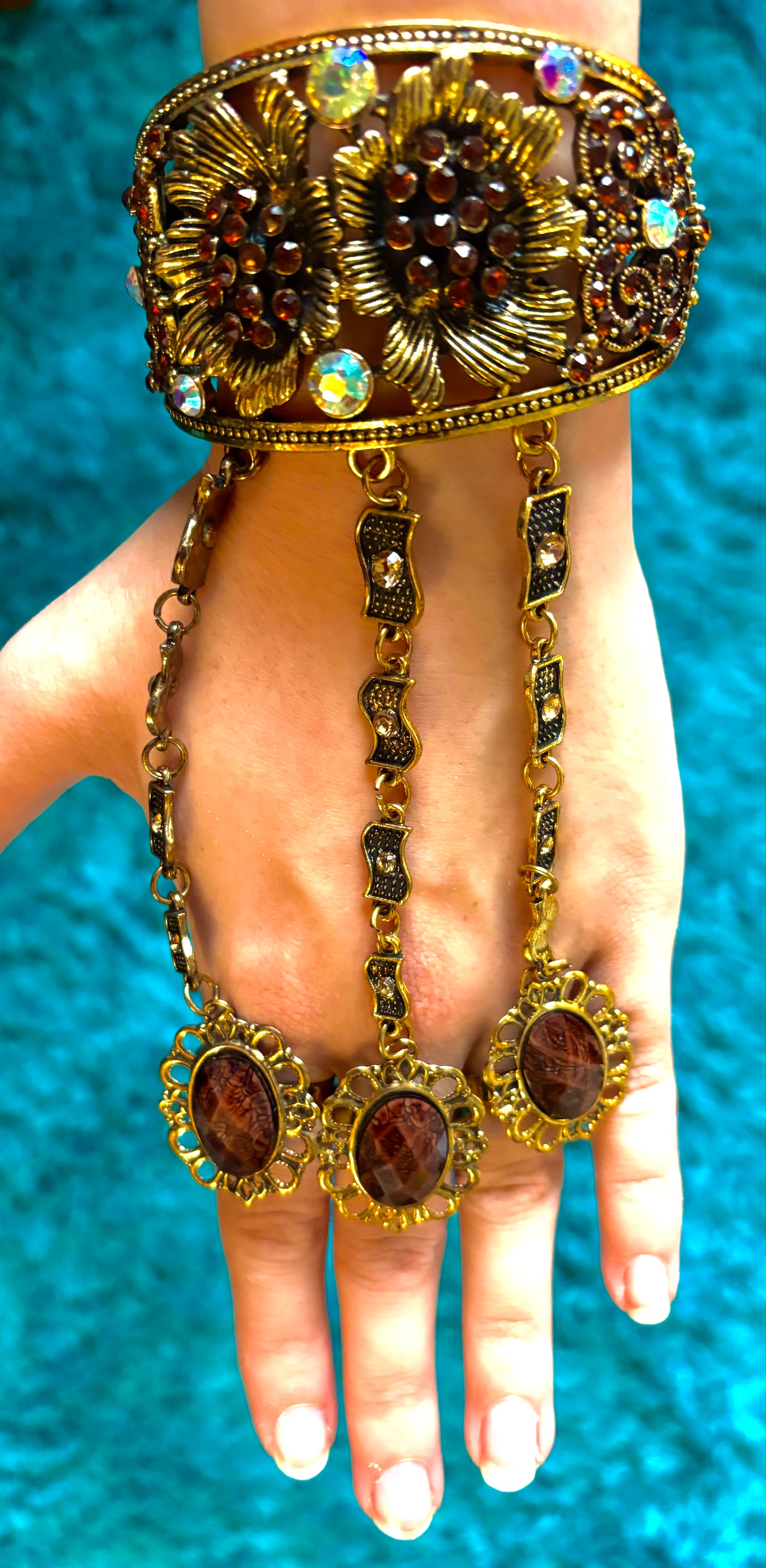 Bracelet/ bangle - cuff eastern/indian style ornate bracelet with 3 finger rings/chains. Style 30