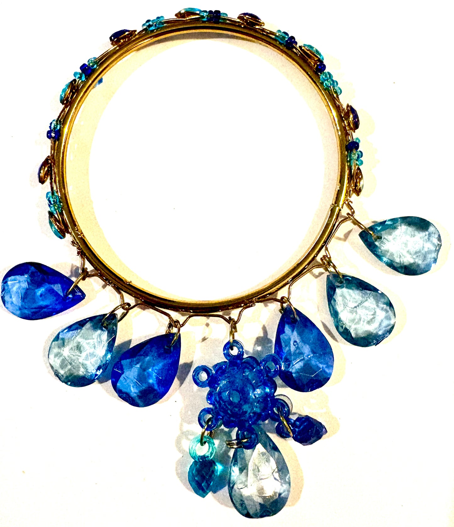Bracelet - gold coloured bangle, blue charms style 13