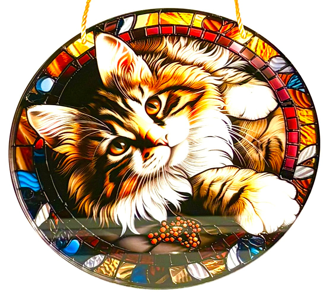Cat - suncatcher striped, lying on side