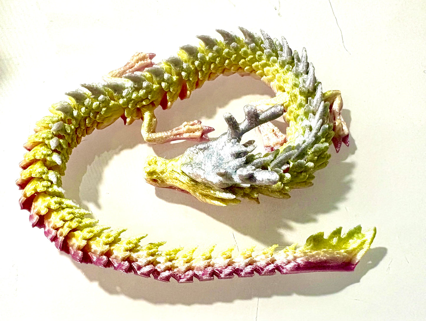 3D Printed Dragon - pastel silver/ yellow/pink