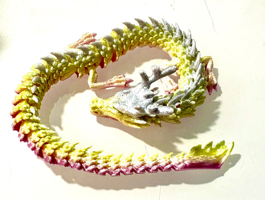 3D Printed Dragon - pastel silver/ yellow/pink