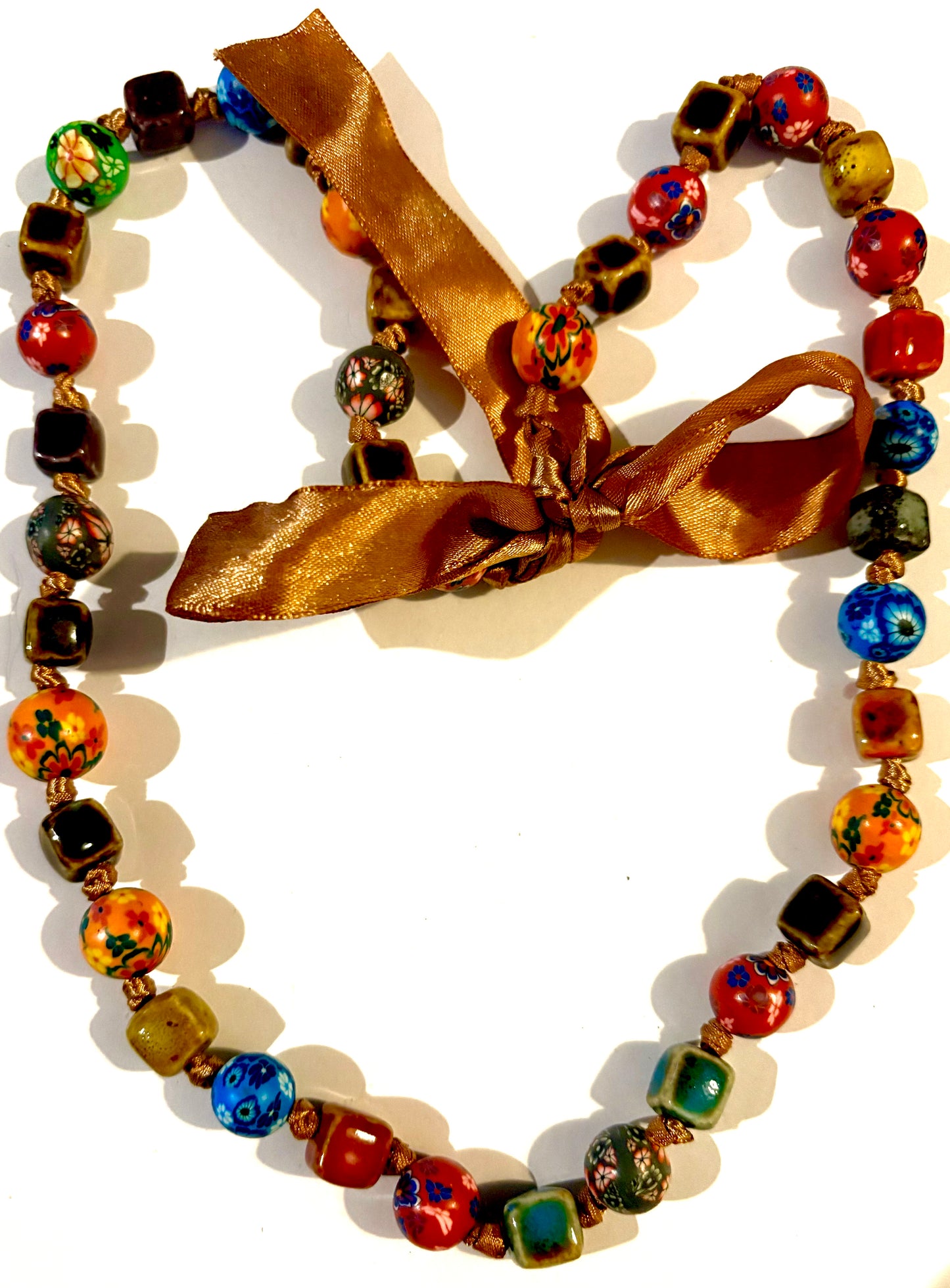 Necklace  - clay bead long multicoloured necklace ( ribbon tie). Style 48