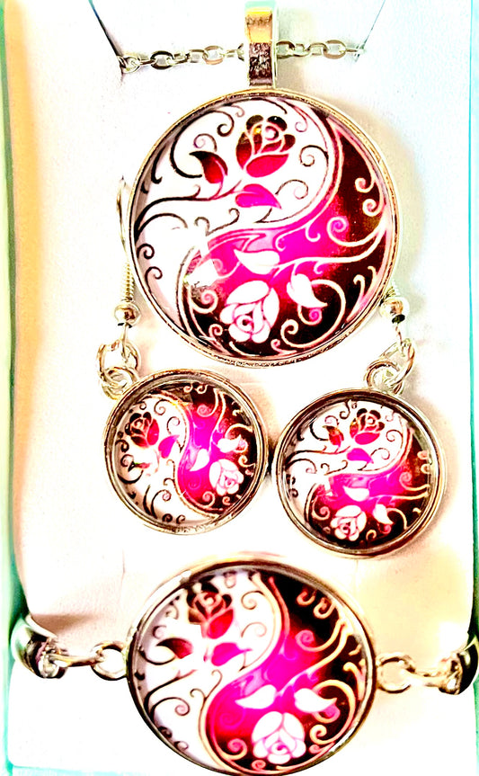 3pc jewellery set - pink / white rose