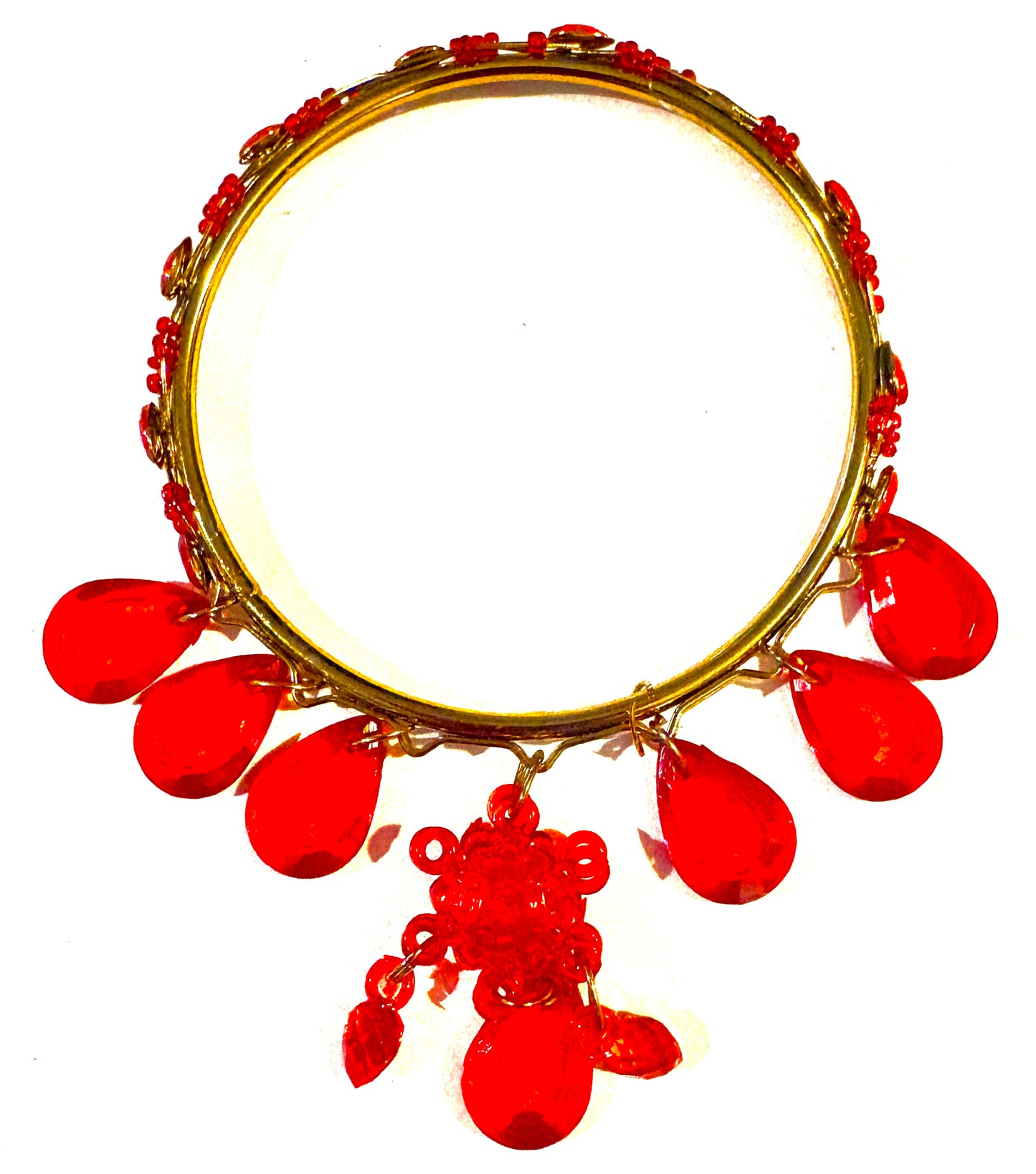 Bracelet - gold coloured bangle, red charms style 12