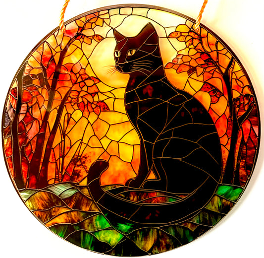 Cat Suncatcher - black cat in autumn.