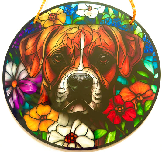 Dog suncatcher. Boxer Brown/ white with flowers