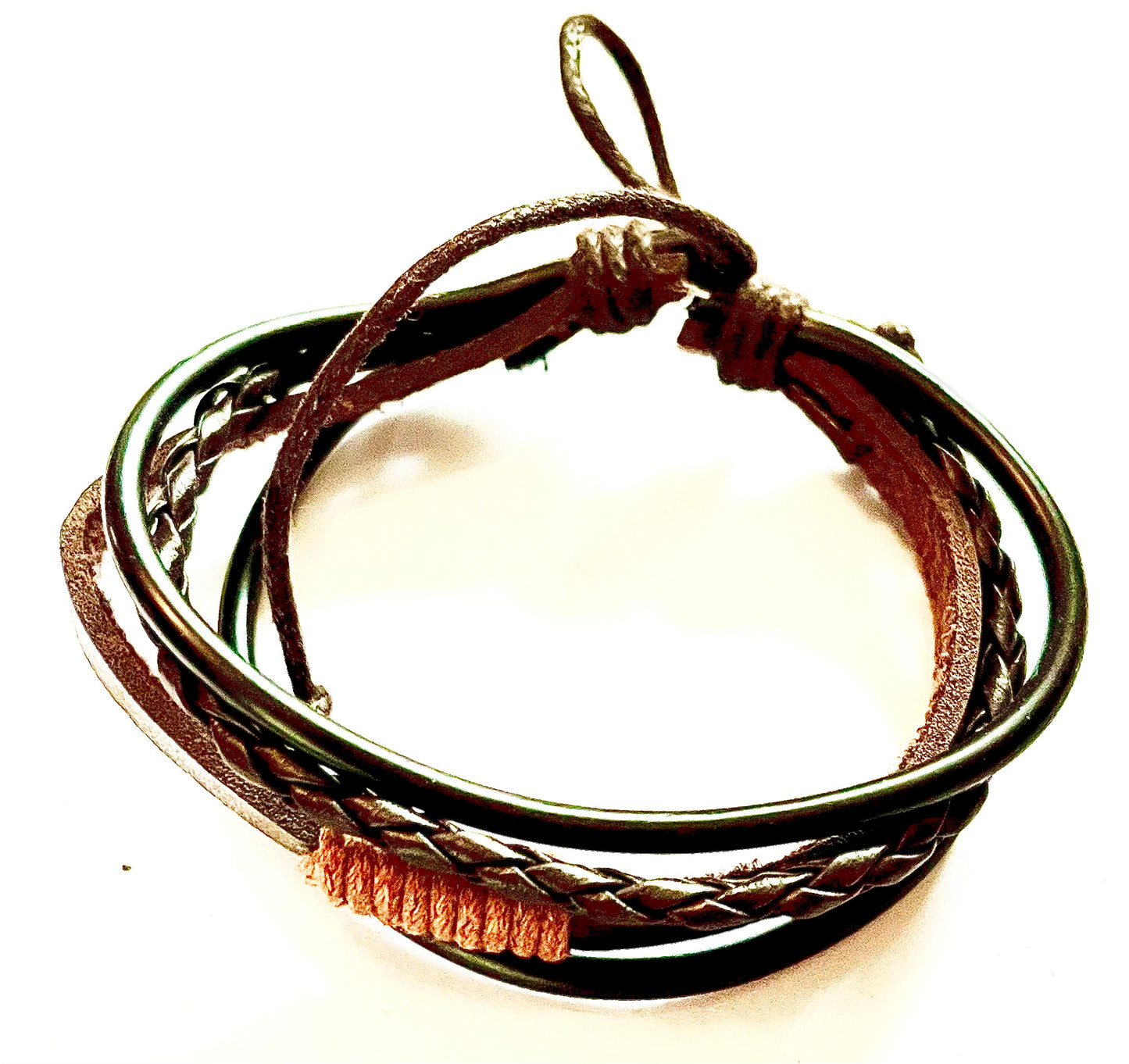 Bracelet - men’s/ women’s brown / black/ tan tri-coloured leather/ string