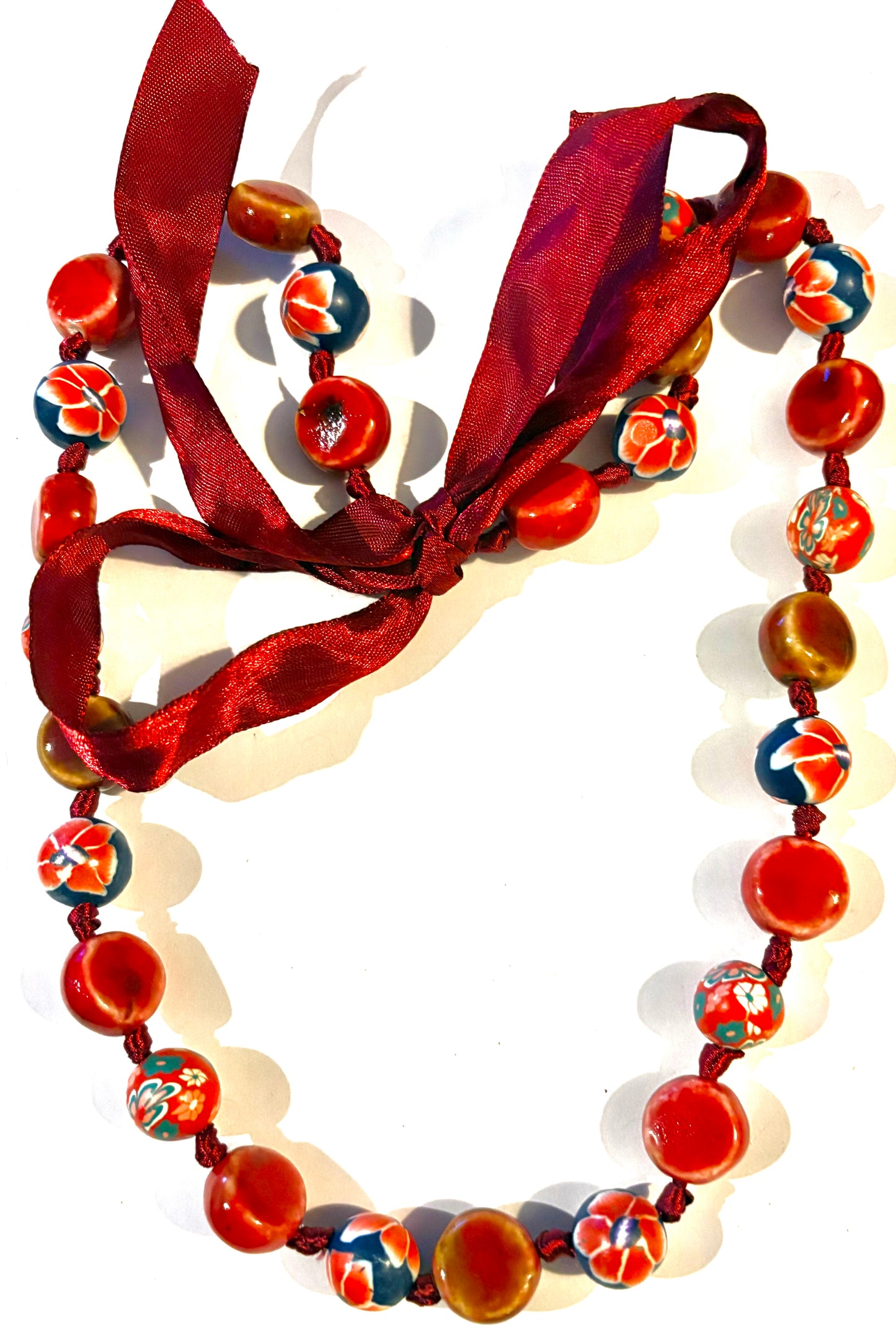 Necklace - clay bead long necklace with ribbon tie. Red. style 50