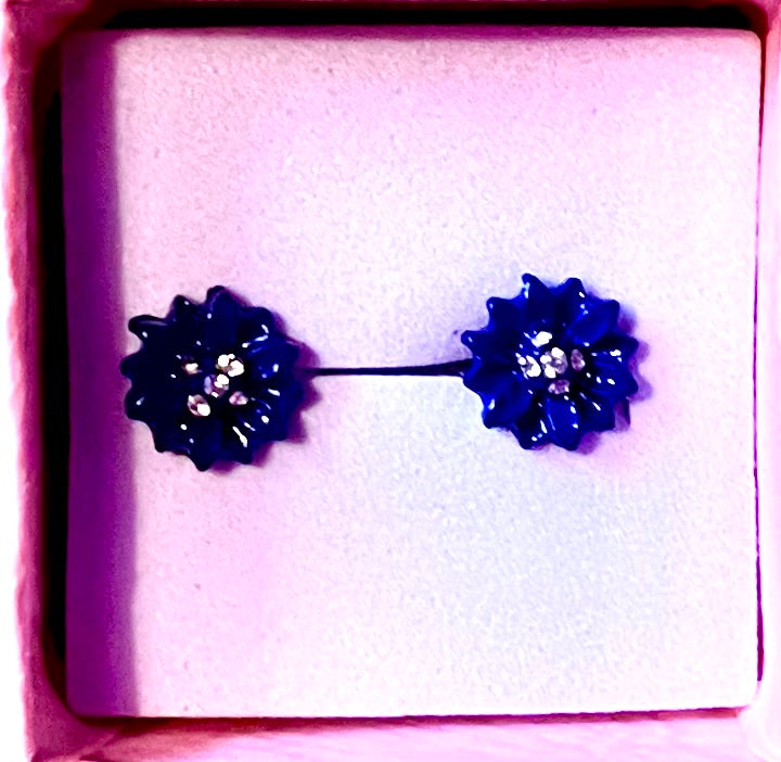 Earrings -preowned  blue flowered/crystal style centre