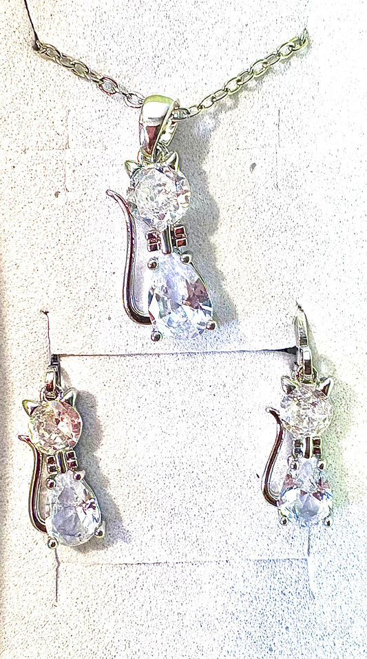 Cat 2pc Jewellery set - silvery coloured with imitation crystals