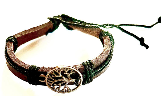 Bracelet - man’s/ woman’s brown leather with black string and vintage metal looking tree of life