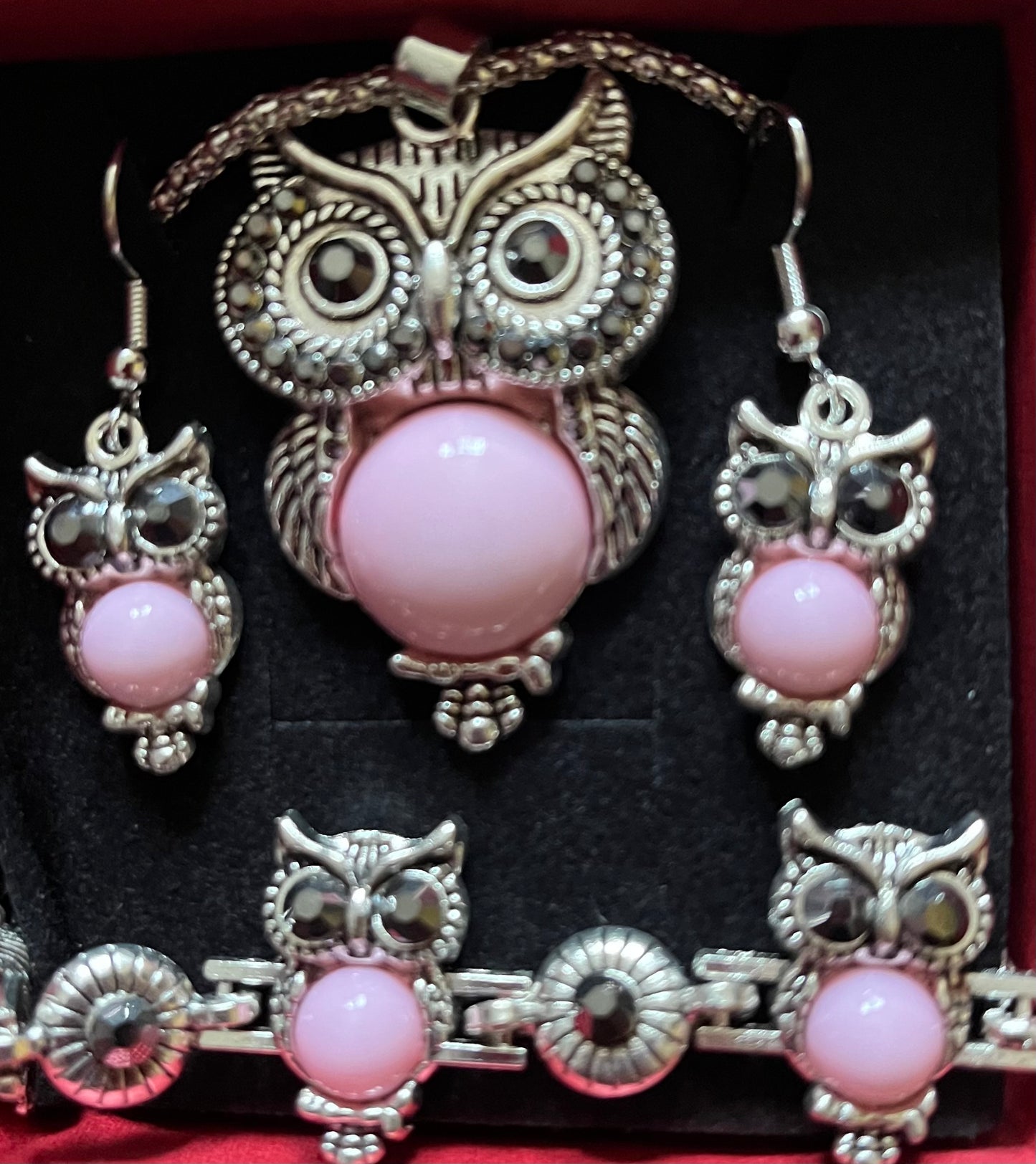 3pc jewellery set - owl pink rose quartz style
