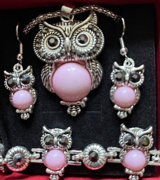 3pc jewellery set - owl pink rose quartz style