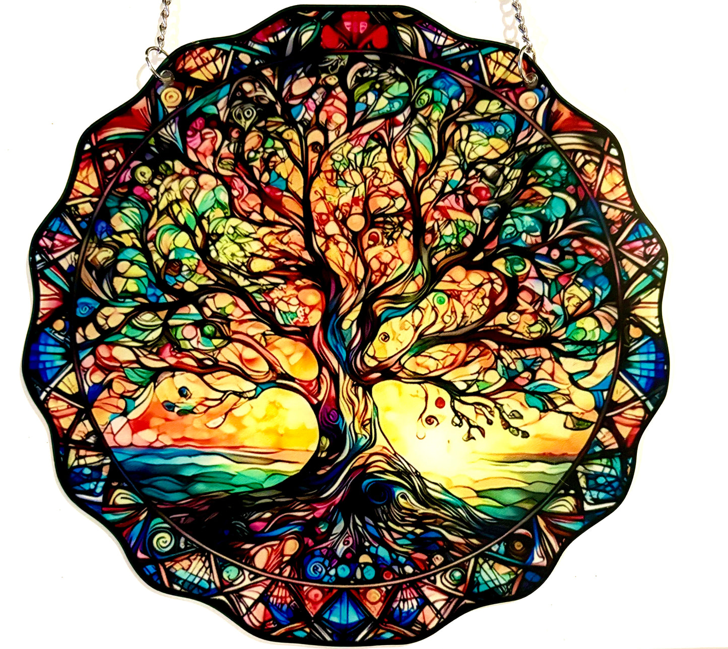 Tree of life Suncatcher - Autumn sunrise fluted edge style 10