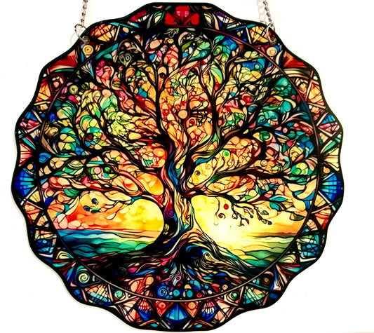 Tree of life Suncatcher - Autumn sunrise fluted edge style 10