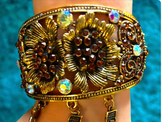 Bracelet/ bangle - cuff eastern/indian style ornate bracelet with 3 finger rings/chains. Style 30
