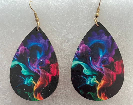 Earring - long dangly wooden & multicoloured