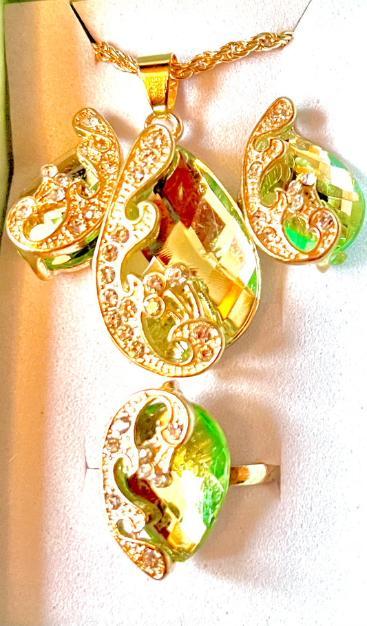 3pc jewellery set - gold coloured/ green