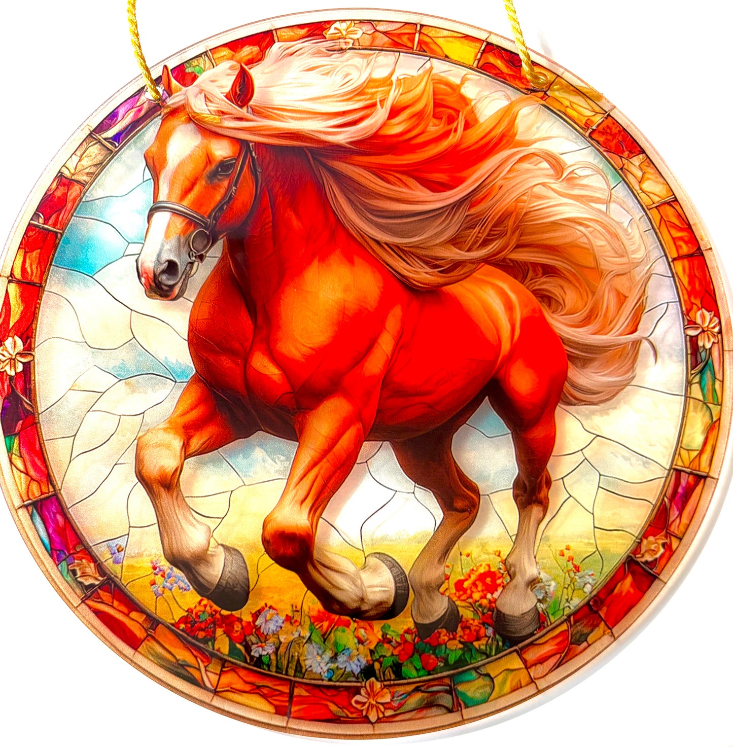 Horse - 8" Suncatcher- chestnut horse running in flower field