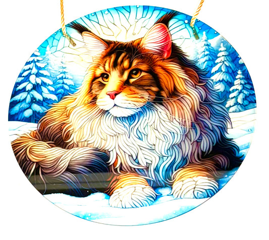 Cat - suncatcher ginger/ white Maine coon in snowy forest