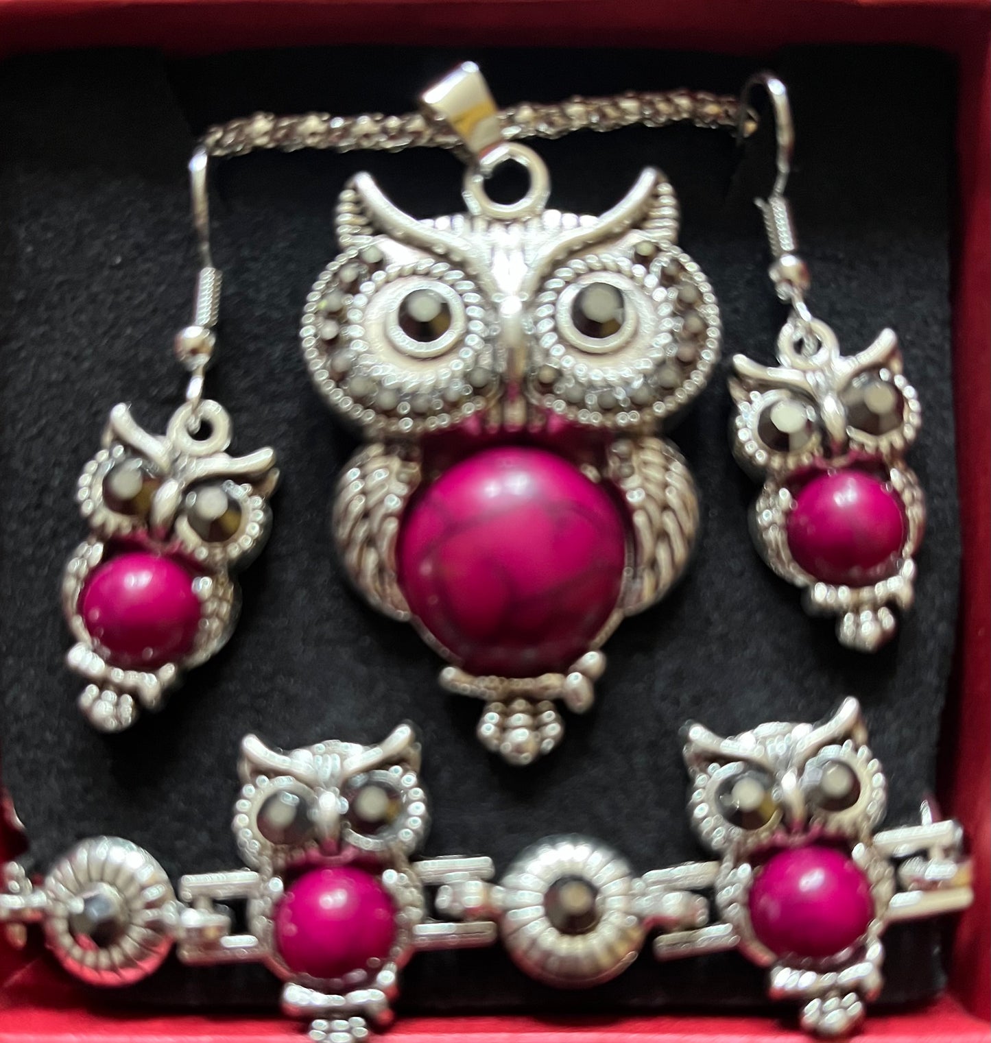 3pc jewellery set - owl pink howlite style