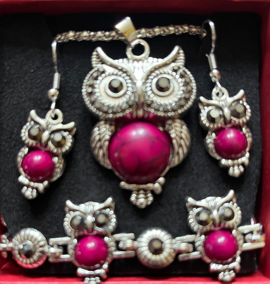 3pc jewellery set - owl pink howlite style