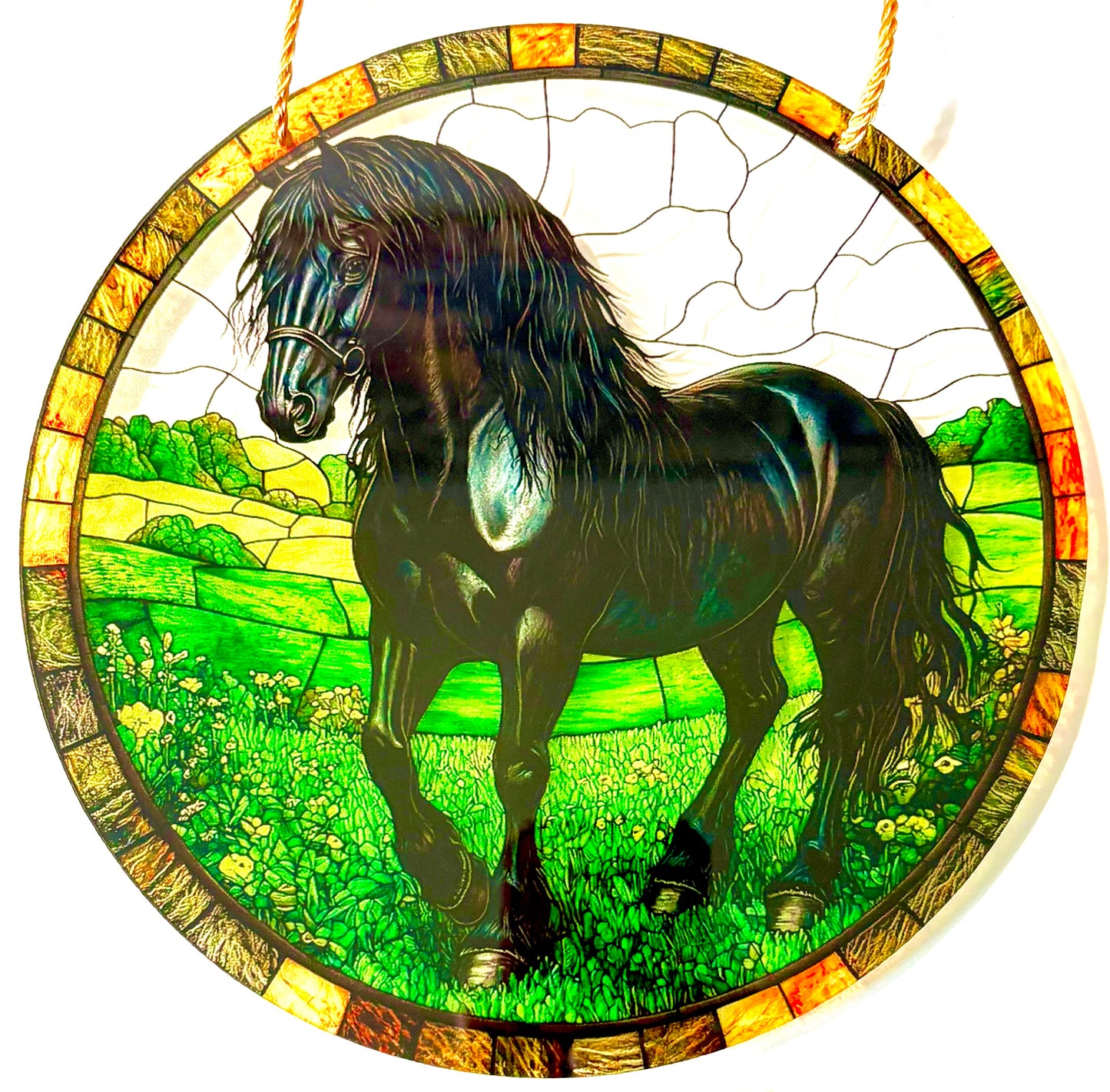 Horse - 8" Suncatcher- black Clydesdale style in field