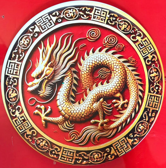Dragon 8" circular tinplate sign. Red/ gold colour