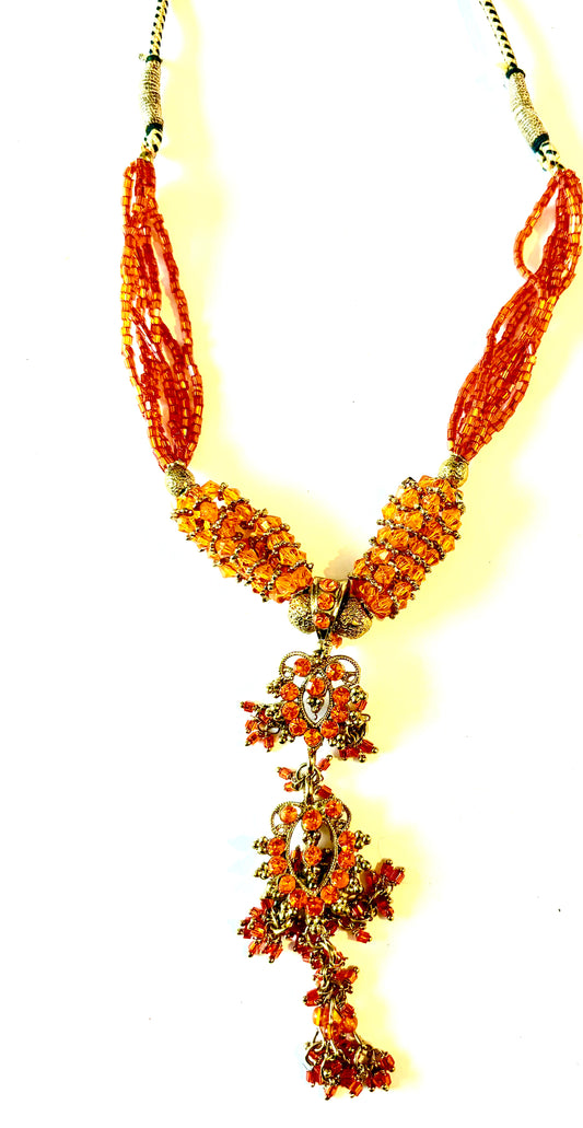 Necklace - corded and beaded ornate orange necklace. Style 40