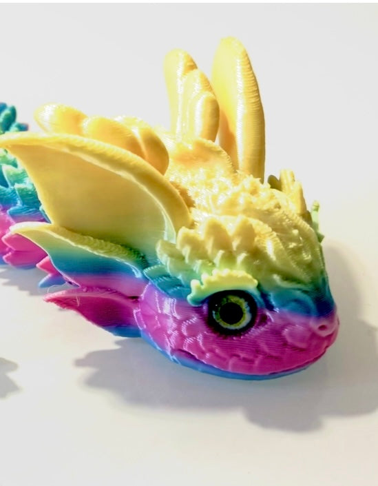 3D printed Dragon style snake - pink/lilac/ green/ yellow