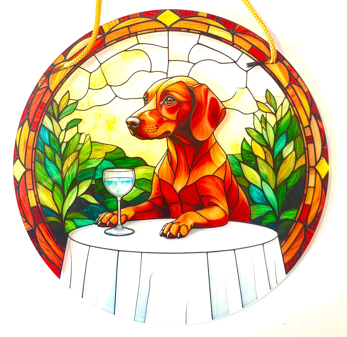 Dog Suncatcher - Vizsla tan at table
