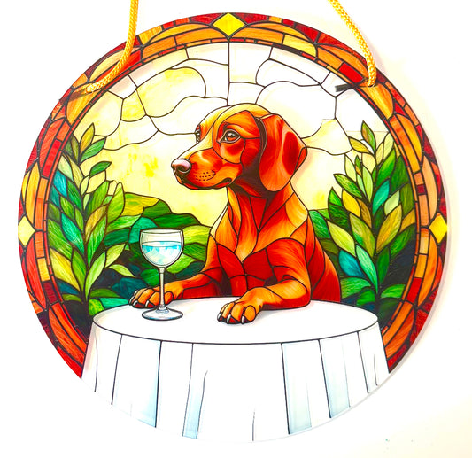 Dog Suncatcher - Vizsla tan at table